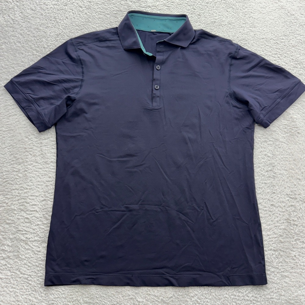 Lululemon Mens Short Sleeve Polo Shirt Navy Blue Teal Accent Golf Activewear